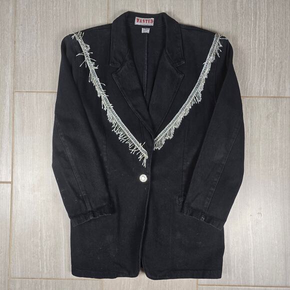 VTG Wanted Western Denim Jacket WIth Beaded Fringe Medium Black - Picture 9 of 10